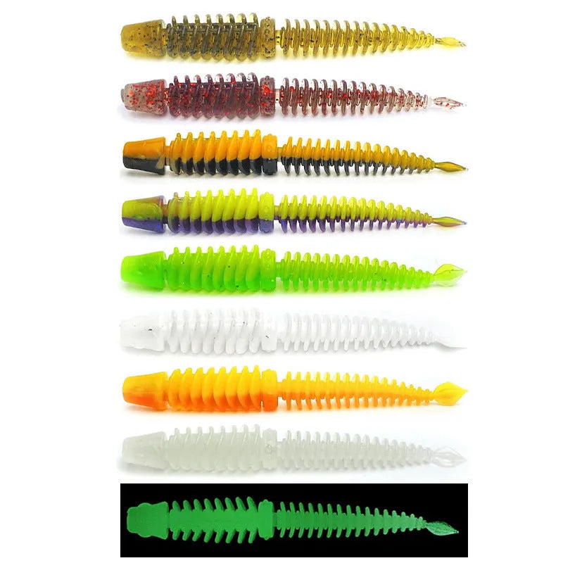 Soft plastic worm fishing lure with spoiler along its body and a twisted needle tail, shown in various colours.