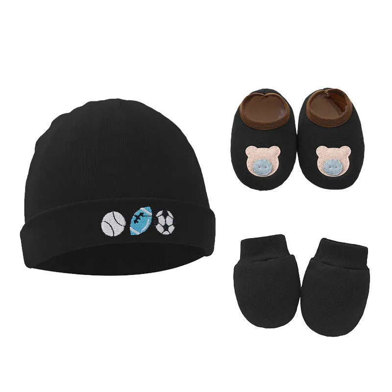 Set of white, light blue, and grey cotton baby pullover caps, gloves, and foot covers for infants.