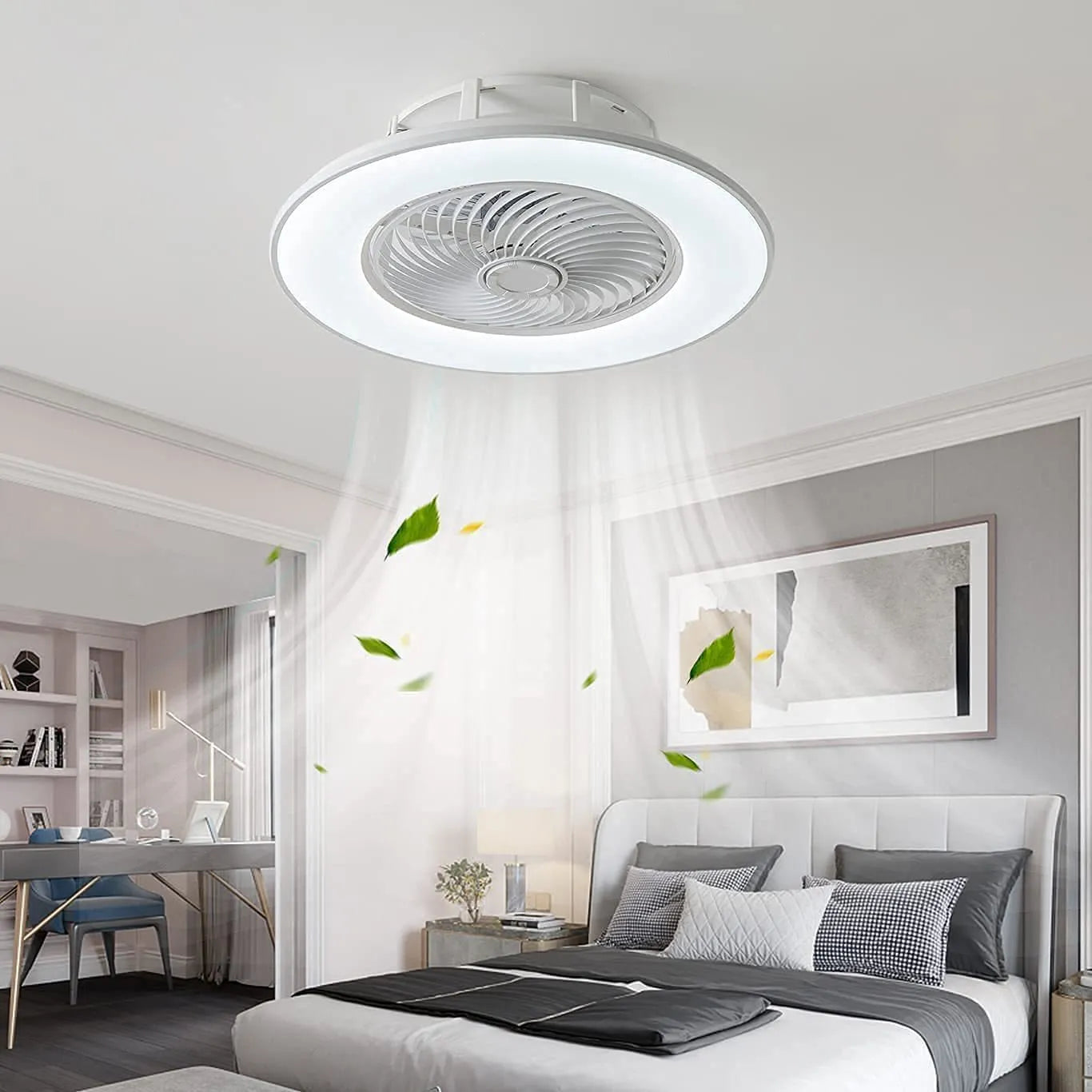 Invisible ceiling fan light with retracted ABS blades and acrylic shade in white finish