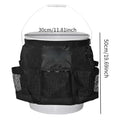 Black cylindrical polyester hanging storage bag designed for a US 5 gallon barrel.