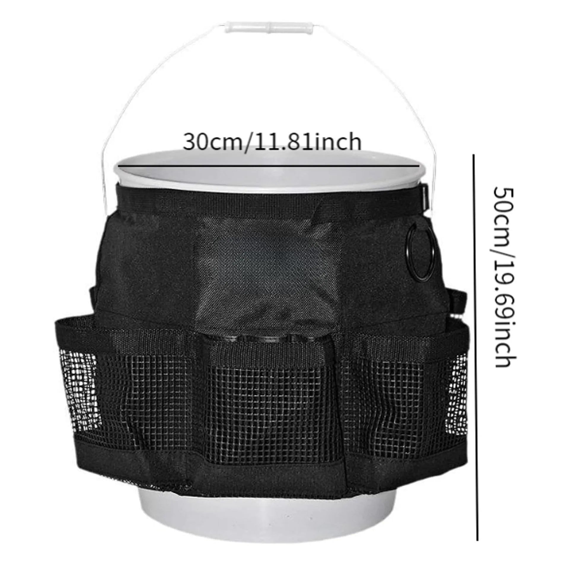 Black cylindrical polyester hanging storage bag designed for a US 5 gallon barrel.