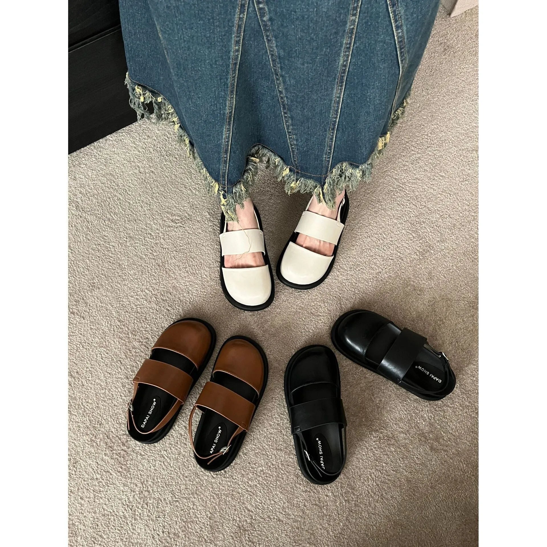 Retro raise-the-bottom closed-toe sandals with ankle-strap buckle in apricot colour