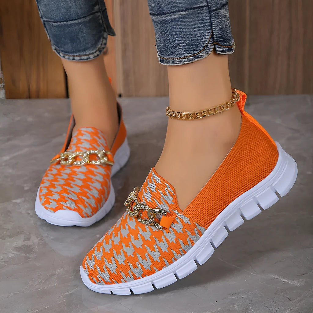 Casual houndstooth print chain mesh shoes for women, breathable round toe loafers with platform heel, rubber sole - orange red and white colours