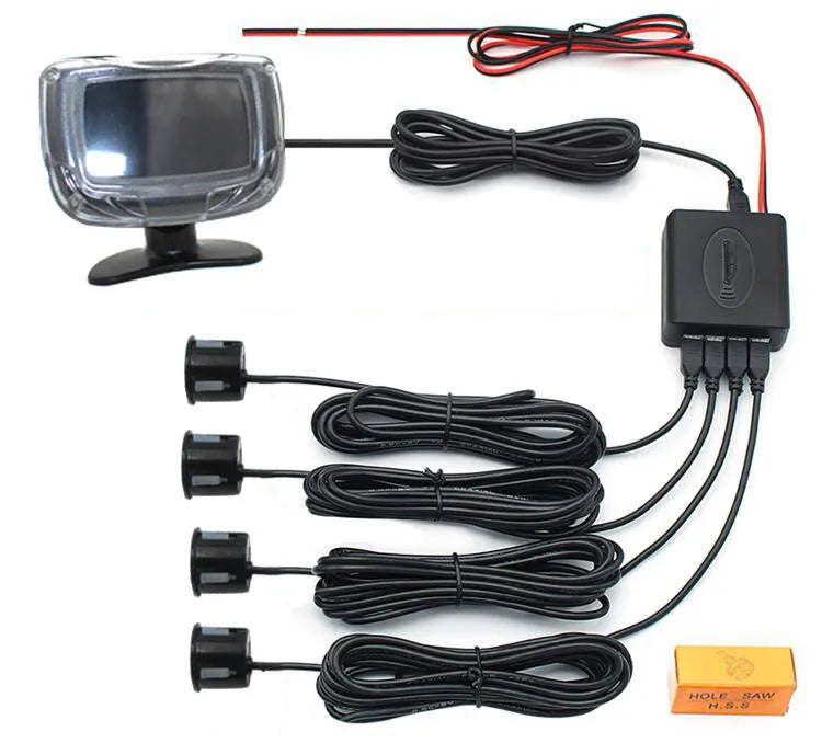 Wireless reversing sensor kit for cars with main unit, four ultrasonic probes, LED display, and installation tools.