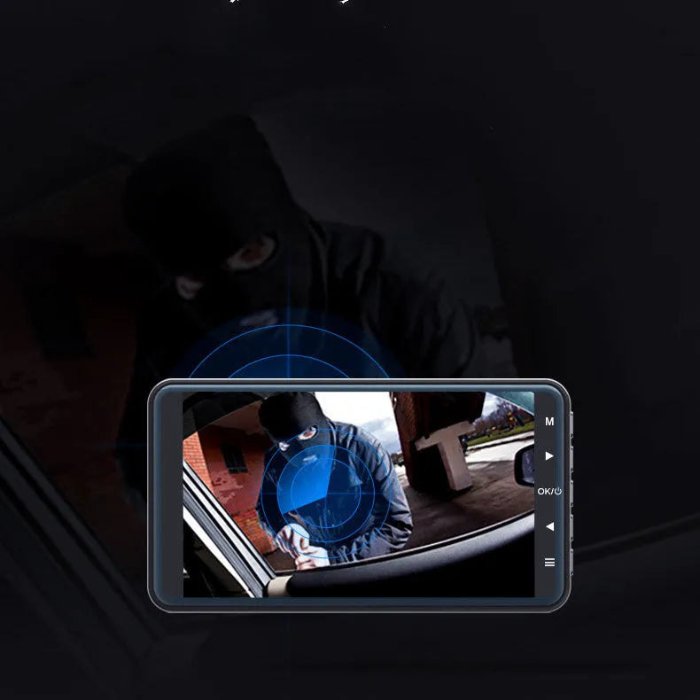 4-inch black exterior dashcam with dual lens and 170° wide angle on car dashboard