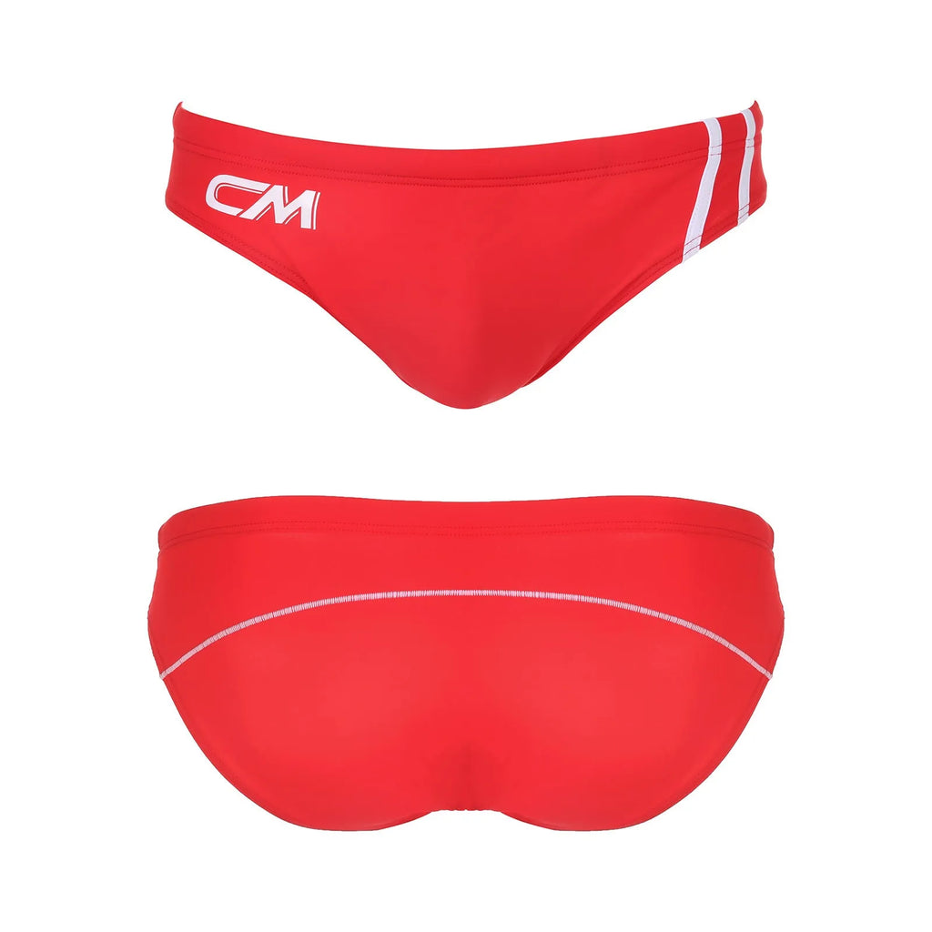 Men's nylon bikini swim trunks in white, black, red, rose red and sapphire blue colours