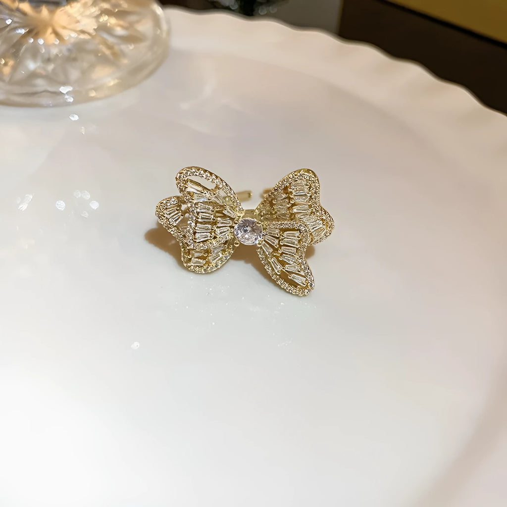 Real gold electroplated bow ring with inlaid zircon stone, size 12, golden bow design