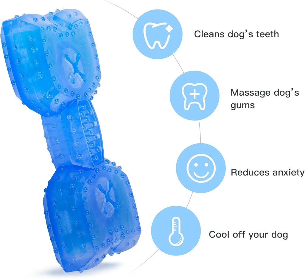 Freezable bone and circle shaped dog chew toys for cooling and teething relief.