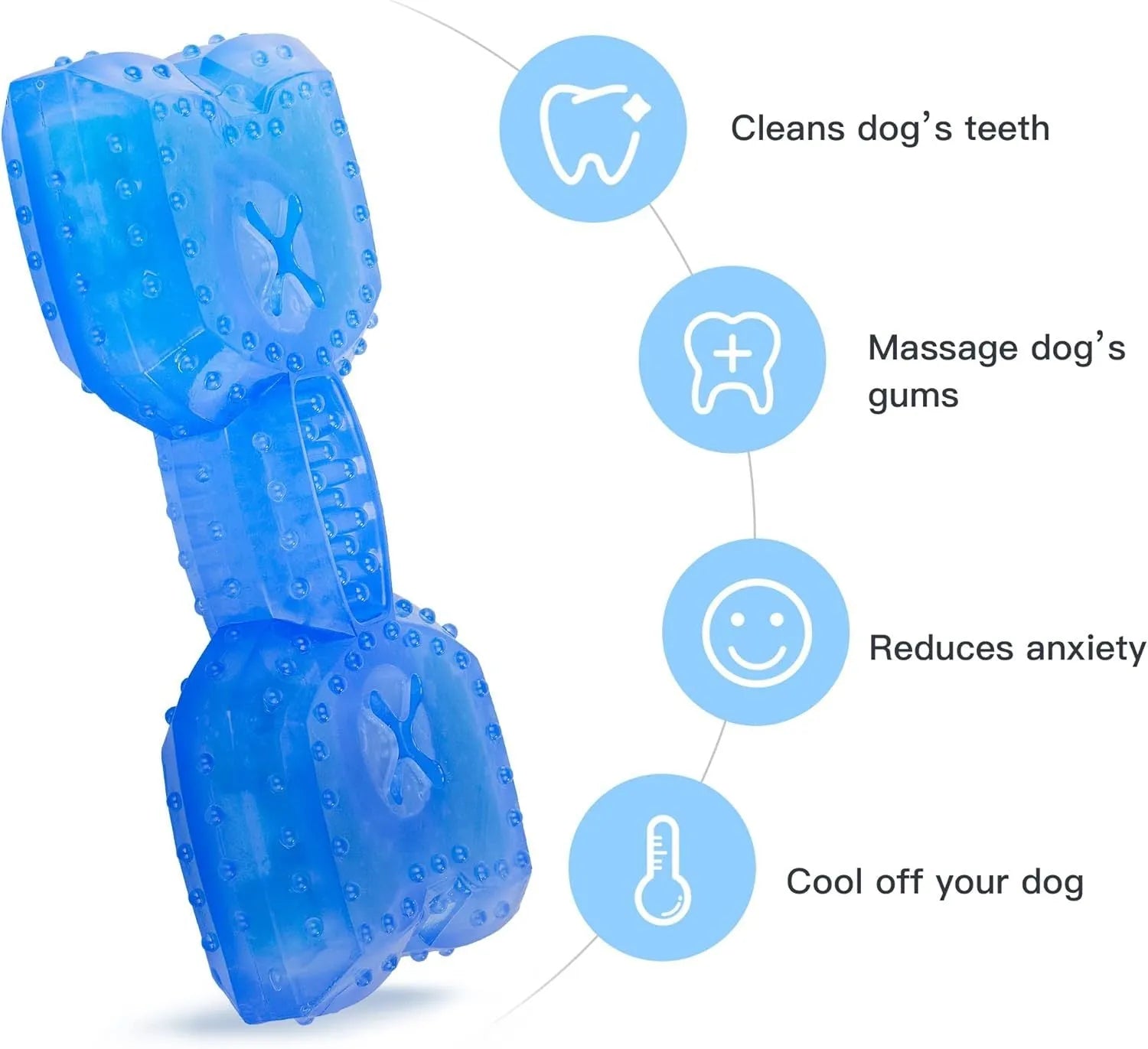 Freezable bone and circle shaped dog chew toys for cooling and teething relief.