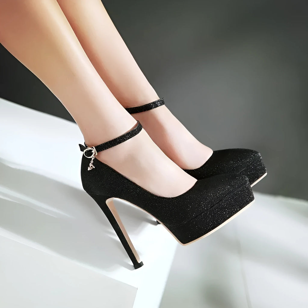 Women's waterproof platform stilettos in black with ankle bandage buckle and 13cm heel
