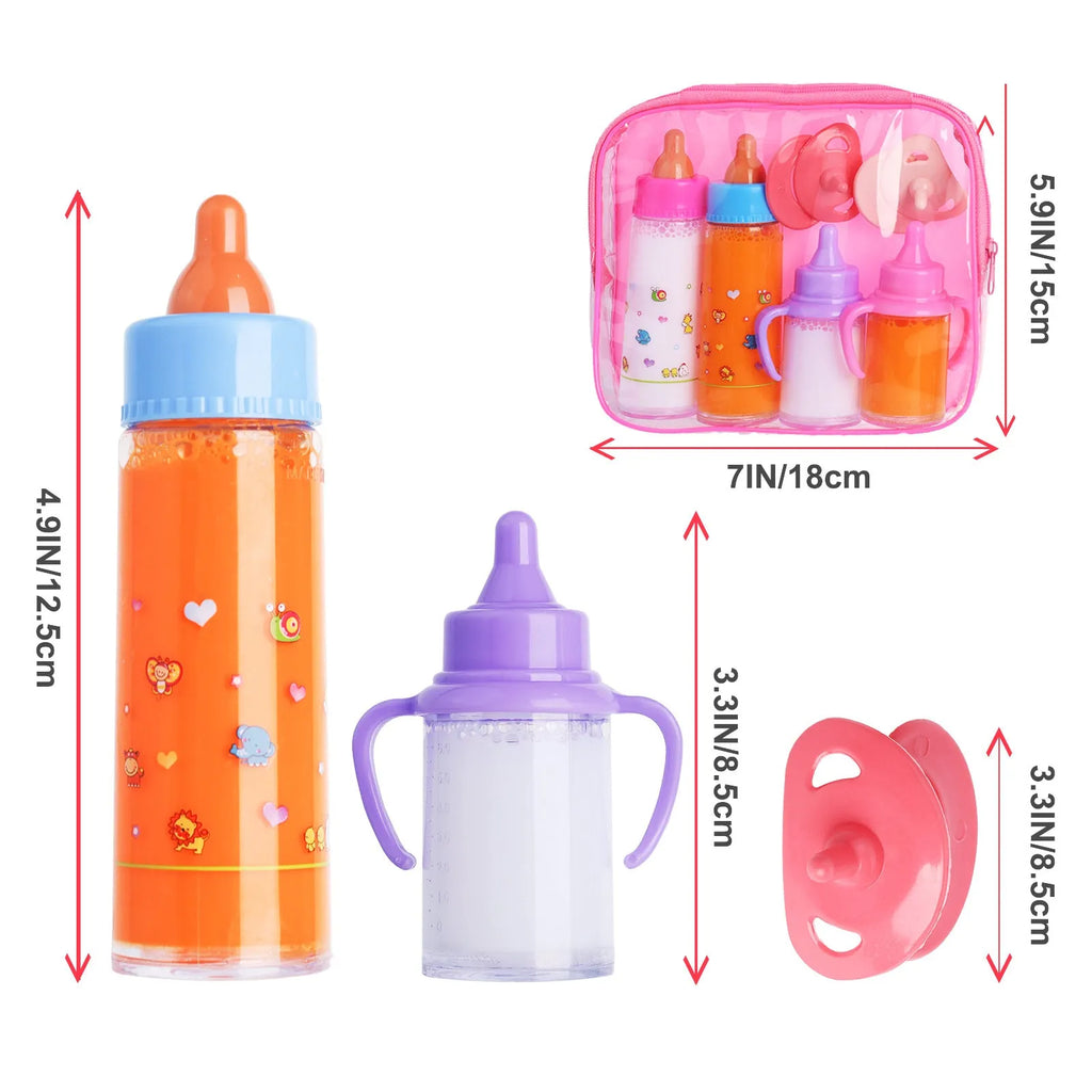 6-piece doll feeding set with two bottles and hand bag on white background