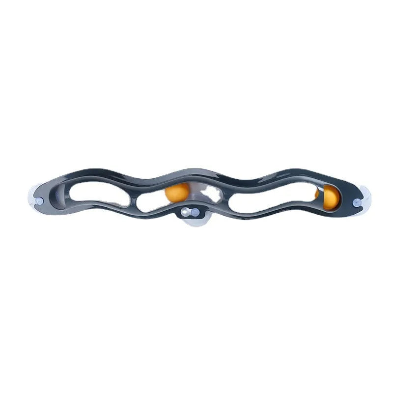 Grey plastic cat climbing frame with track ball toy on a windowsill, approximately 57cm long and 10cm wide