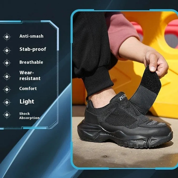 Black safety shoes with steel toe cap, felt buckle closure and anti-puncture sole for workplace protection