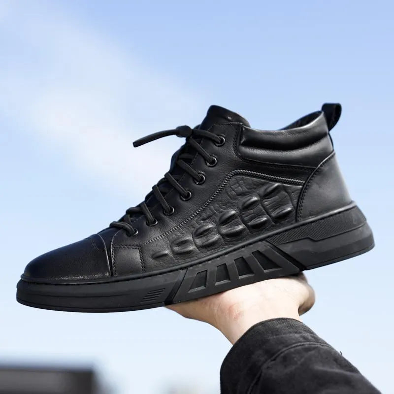Men's black high-top board shoes with microfiber upper, rubber sole, and sewn detailing