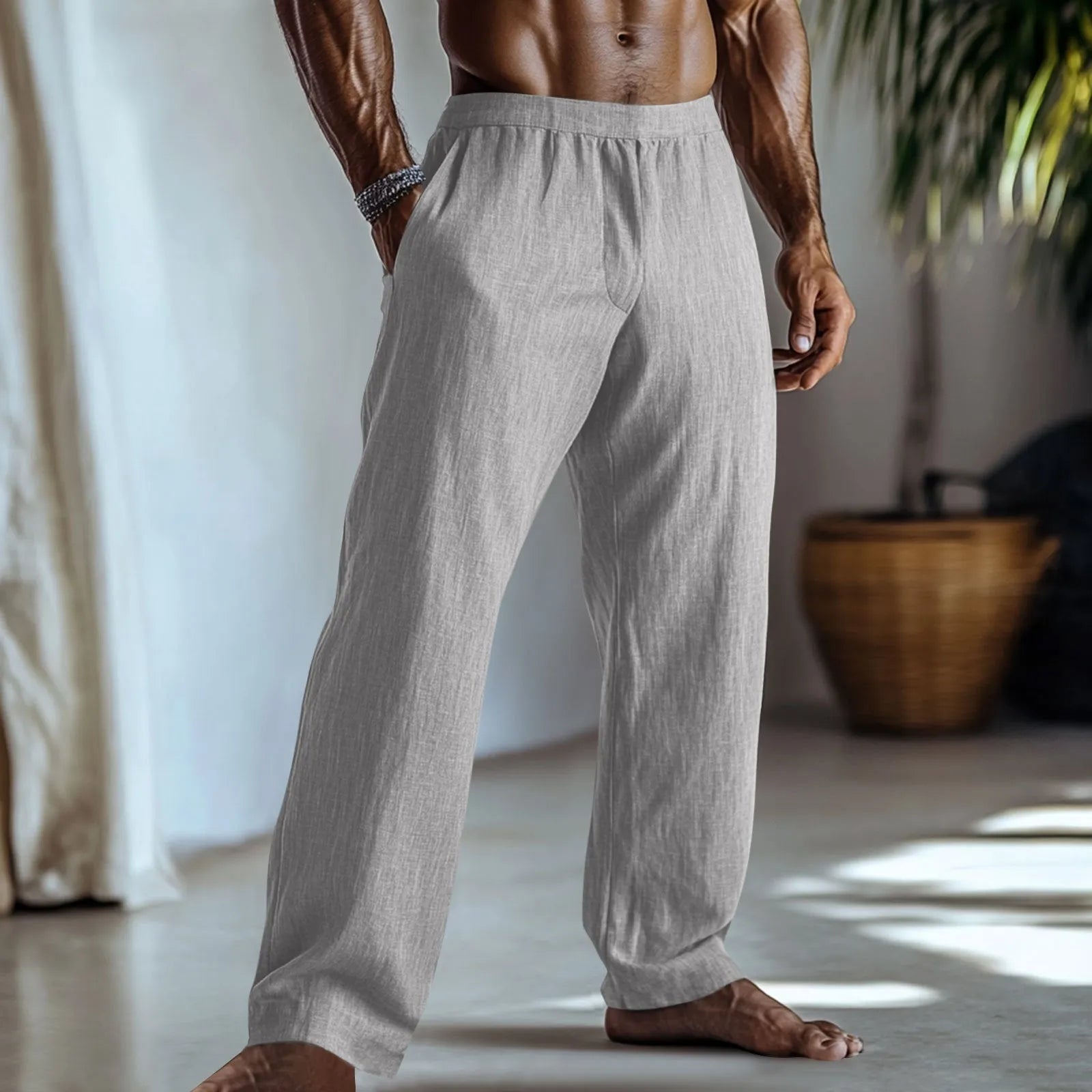 Straight leg casual trousers in a cotton linen blend, shown in one of seven available solid colours.