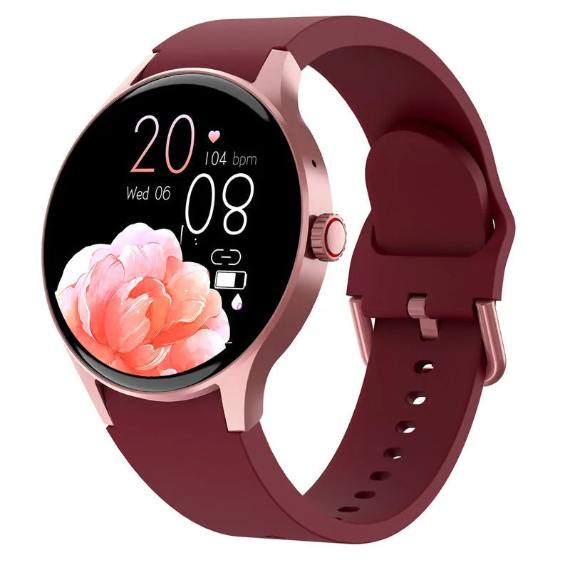 Black Bluetooth sport watch with 1.43-inch round screen on a wrist, showing a fitness app display.