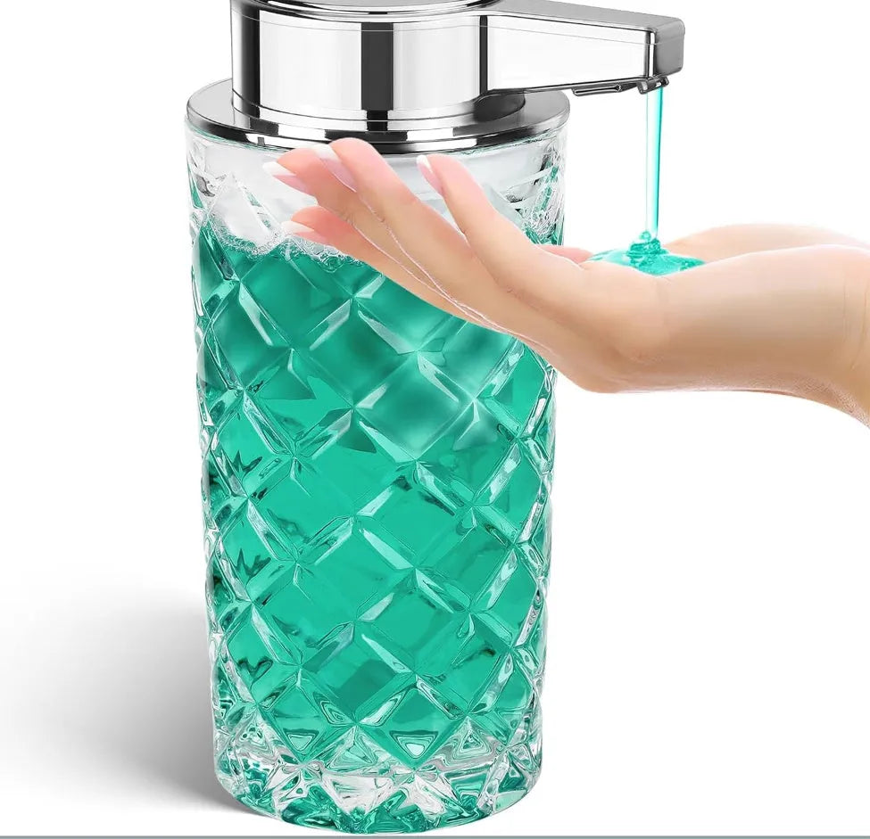 Silver automatic soap dispenser with sensor and USB Type-C charging port on a bathroom countertop