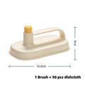 Disposable Magic Cleaning Brush with plastic handle and a pack of 50 white non-woven replacement rags.