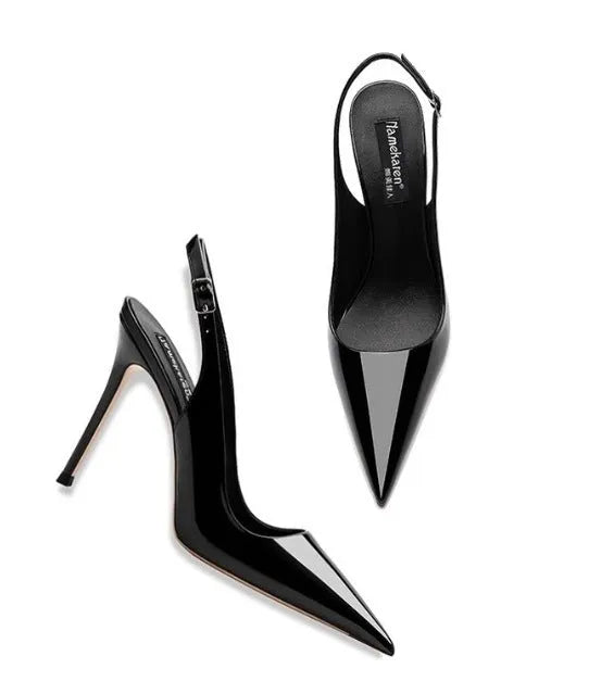 Nude women's high heels with hollow ankle-strap and button fastening.