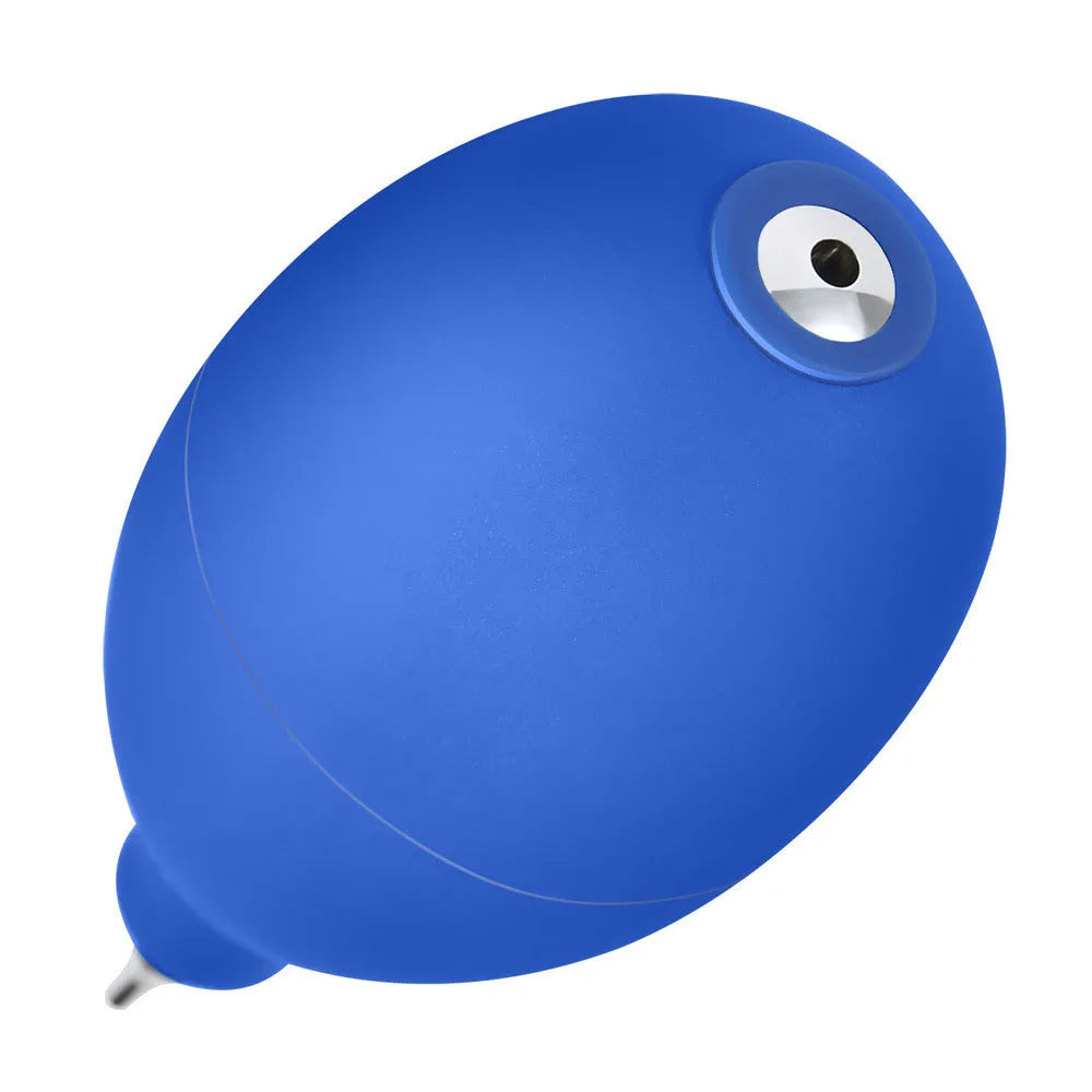 Blue handheld rubber air blower dust removal tool for cleaning camera lenses and electronics.