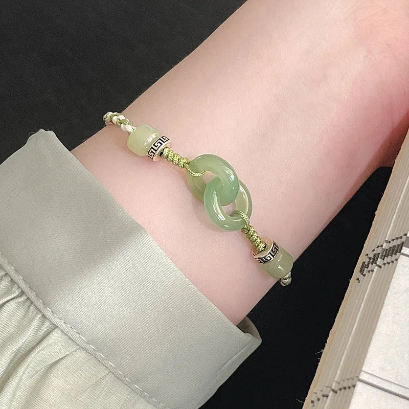 Jade green double ring women's bracelet with peace buckle weaving on copper base