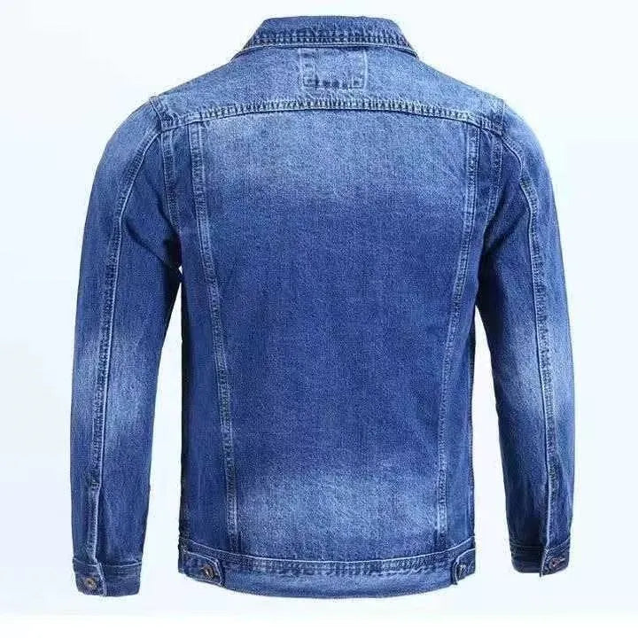 Korean slim fit denim workwear jacket in black gray with conventional sleeves and straight hem