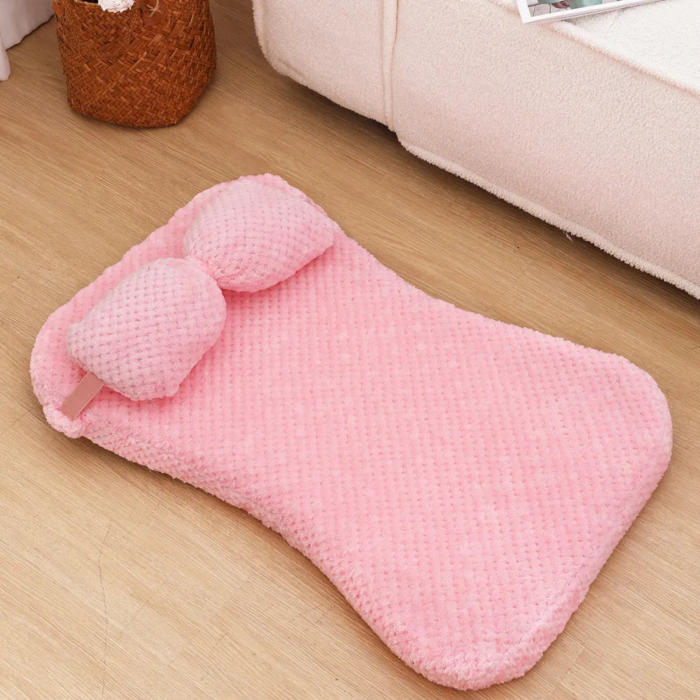 Soft plush pet bed mat with attached pillow in gray, available in large size 75x50x7cm for dogs and cats