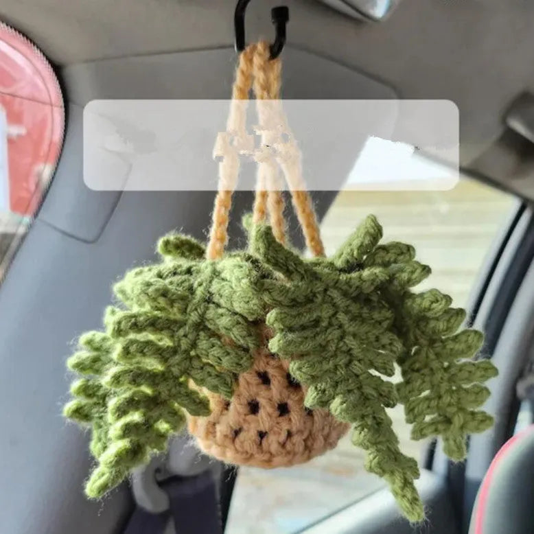 Green and white knitted wool car plant ornament hanging from a rope