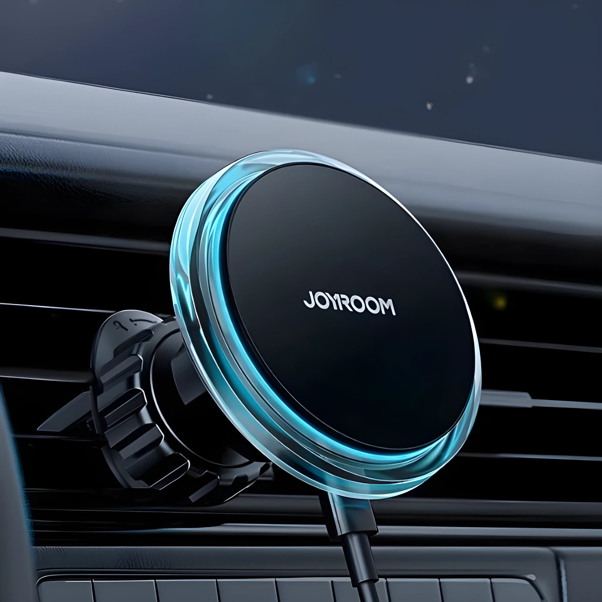 Black magnetic wireless car phone charging stand mounted on car air vent