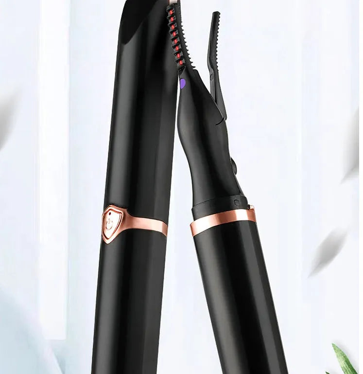Rechargeable electric heated eyelash curler with 360 rotating comb in black