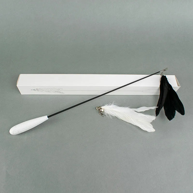 Telescopic cat fishing rod toy extended to 80cm with goose feather end and removable pen attachment