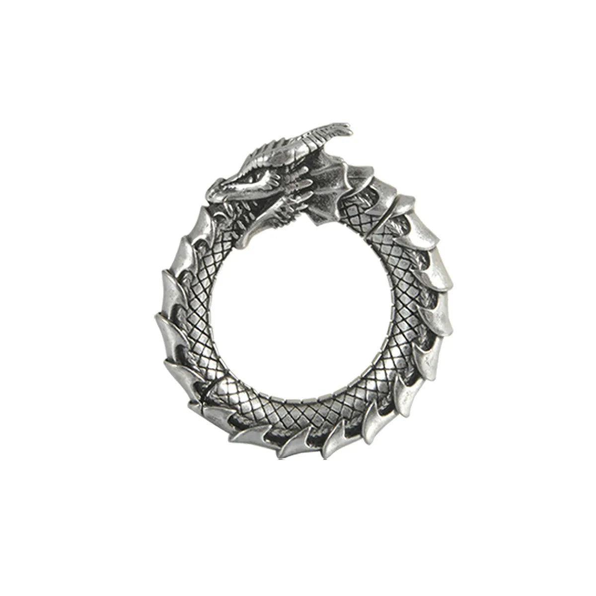 Retro geometric dragon-shaped hollow out earrings in antique silver finish, shown from the front.