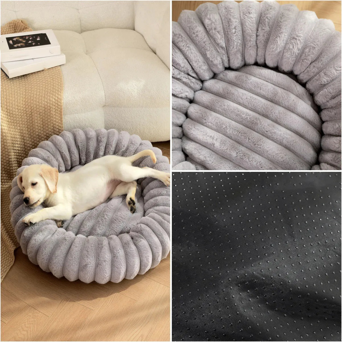 Round plush pet mat in beige, showing long-hair texture and circular shape