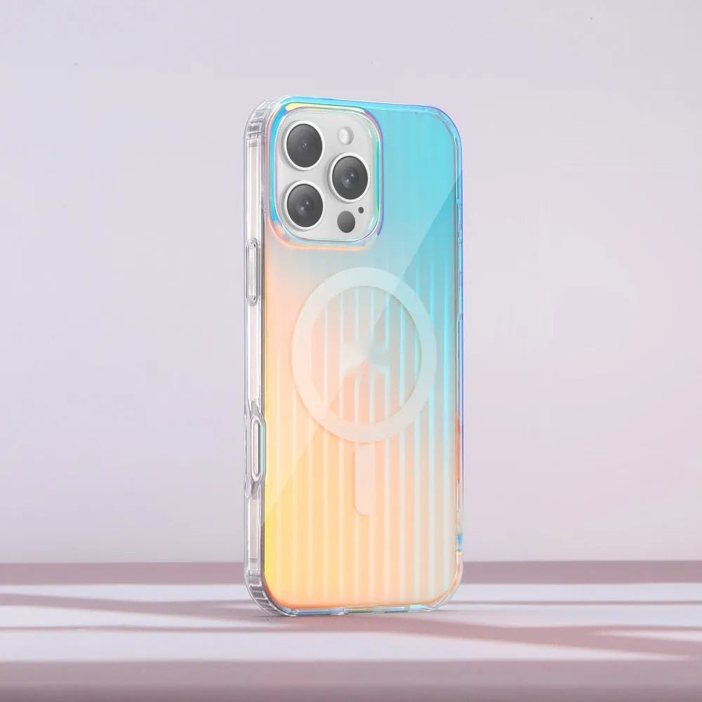 Glossy chameleon colour-changing magnetic suction case for iPhone on a white background.