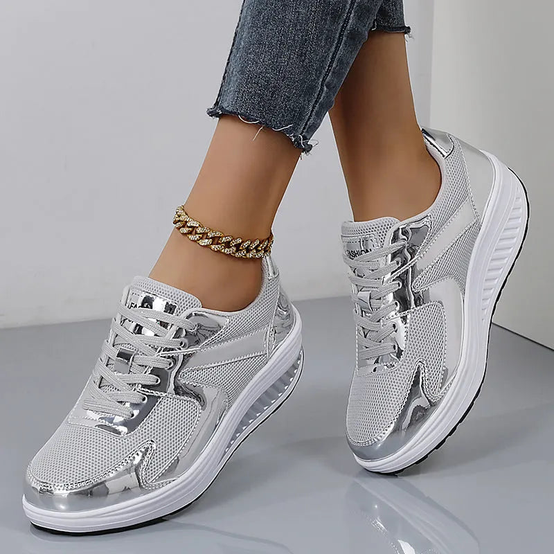 Women's gold mesh platform trainers with cross-strap design and waterproof thick sole