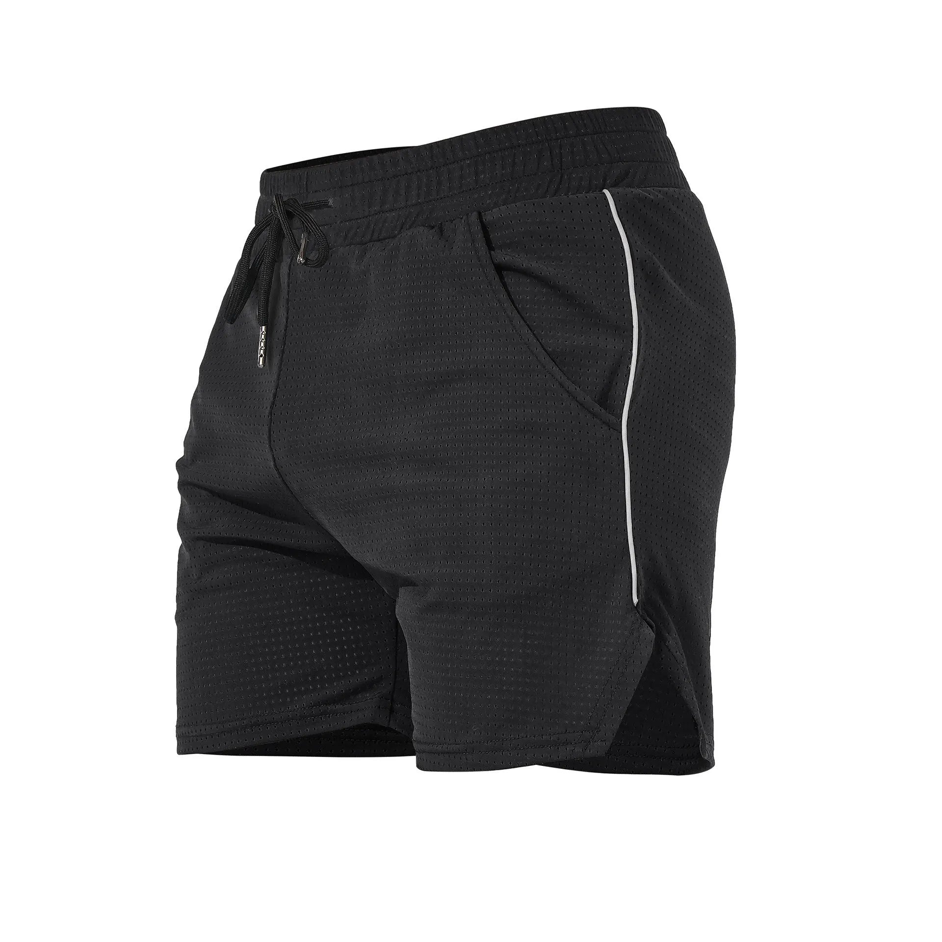 Men's straight-leg polyester sports shorts in black, available in multiple sizes.