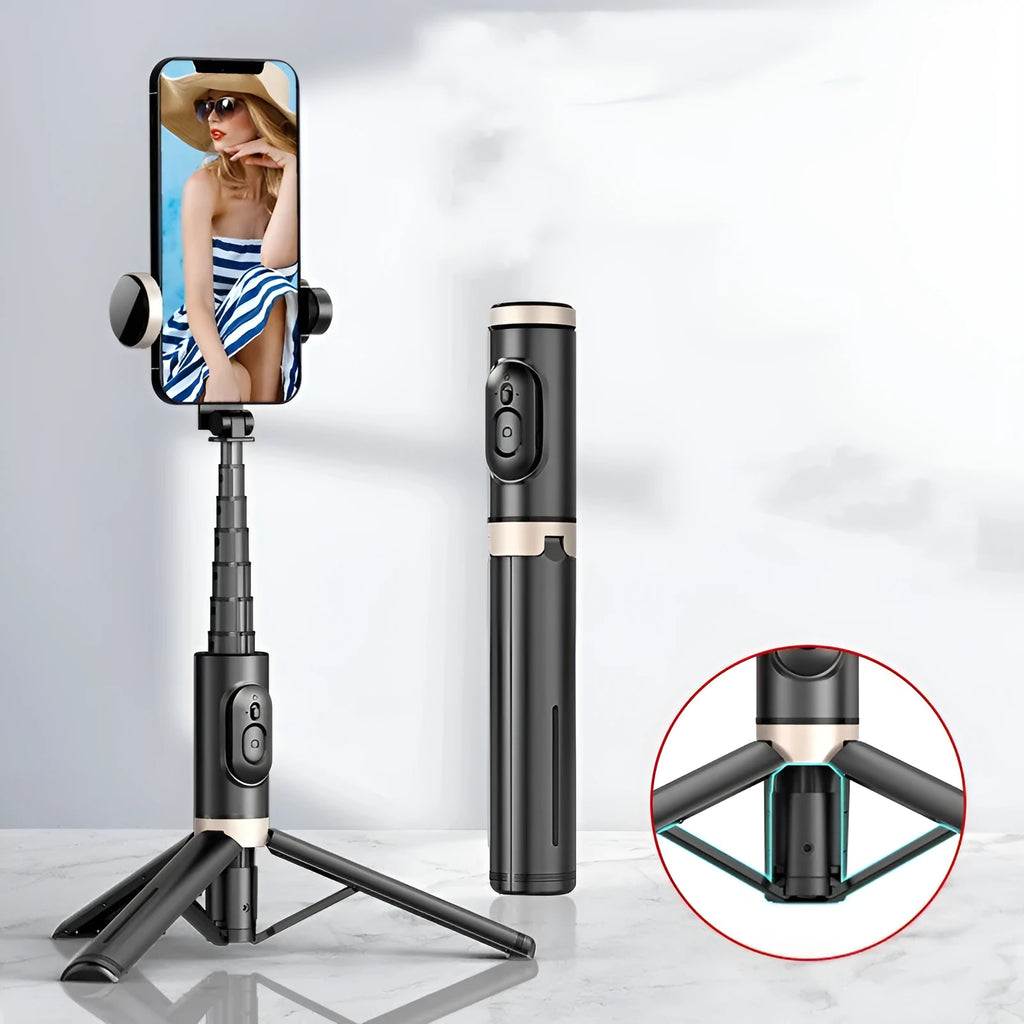 Black aluminium alloy selfie stick with built-in fill light, Bluetooth remote, and extendable arm for mobile phone