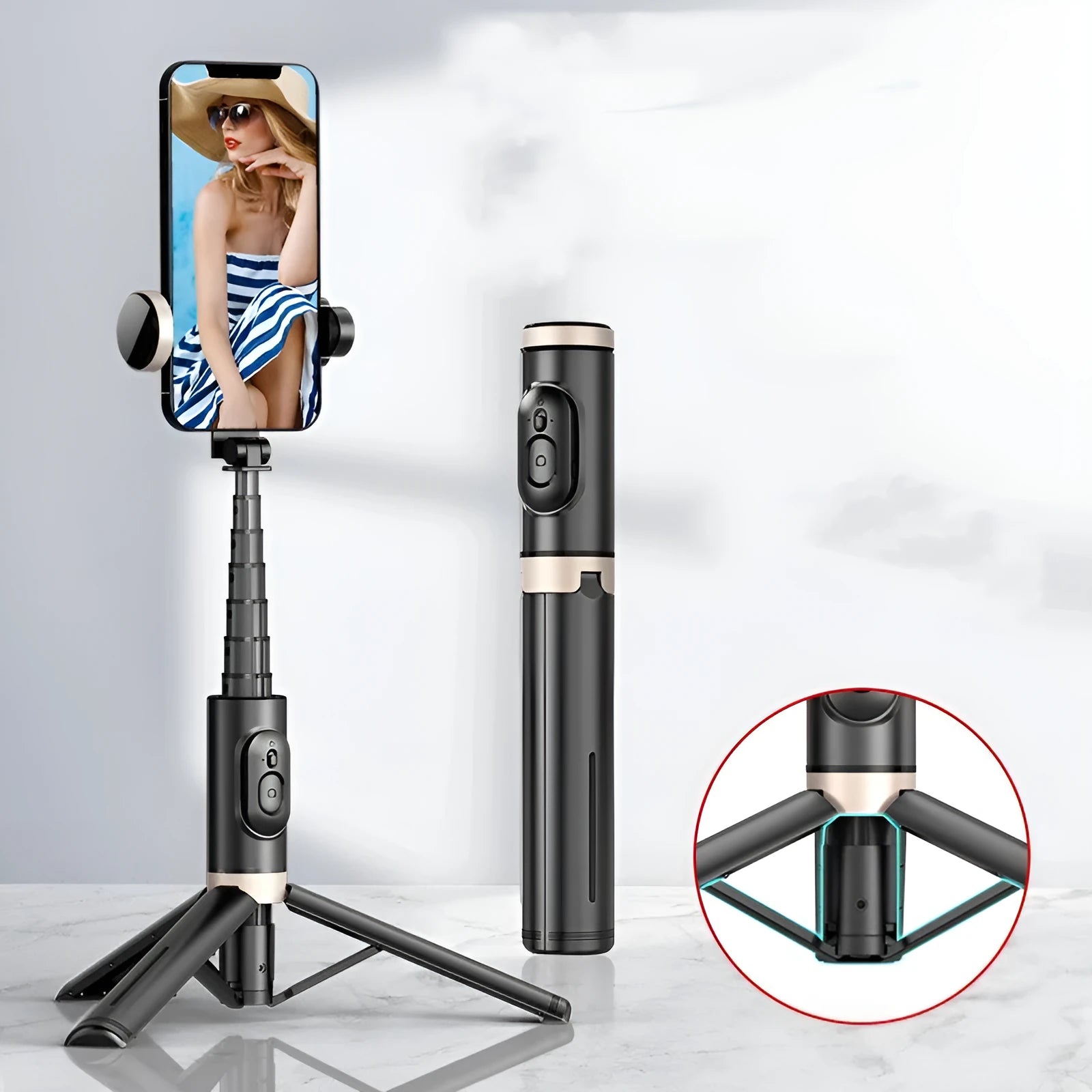 Black aluminium alloy selfie stick with built-in fill light, Bluetooth remote, and extendable arm for mobile phone