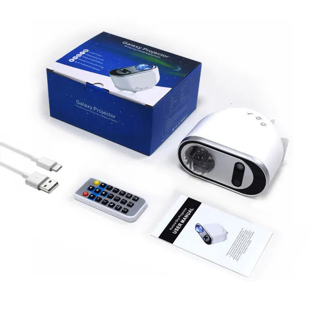 White ABS starlight projector with aurora borealis and moon projection, remote control, and USB cable
