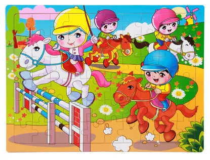Wooden jigsaw puzzle with 80 pieces for children, featuring animal and school themes in an iron box.