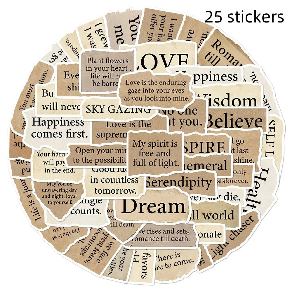 Pack of 25 tear English letter design PVC stickers for laptops, showing matte and glossy finishes.