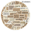 Pack of 25 tear English letter design PVC stickers for laptops, showing matte and glossy finishes.