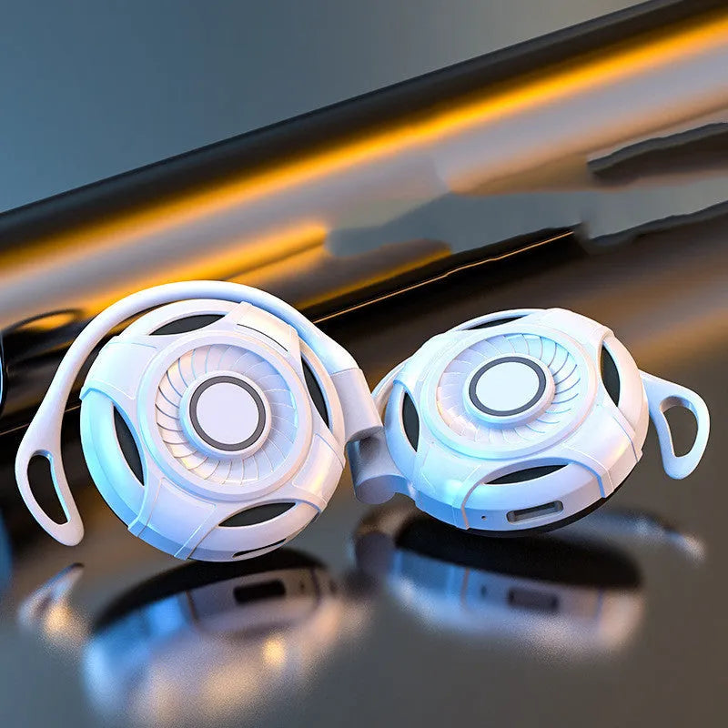 Black and white Bluetooth earphones with hanging ear design for gaming and music