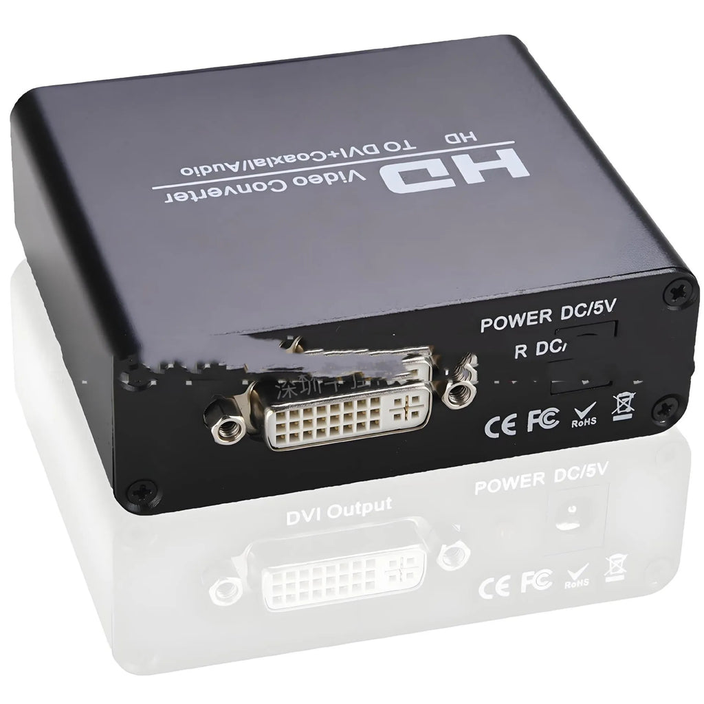 Black HDMI to DVI converter cable with 3.5mm audio output jack, 1.5 metres long.