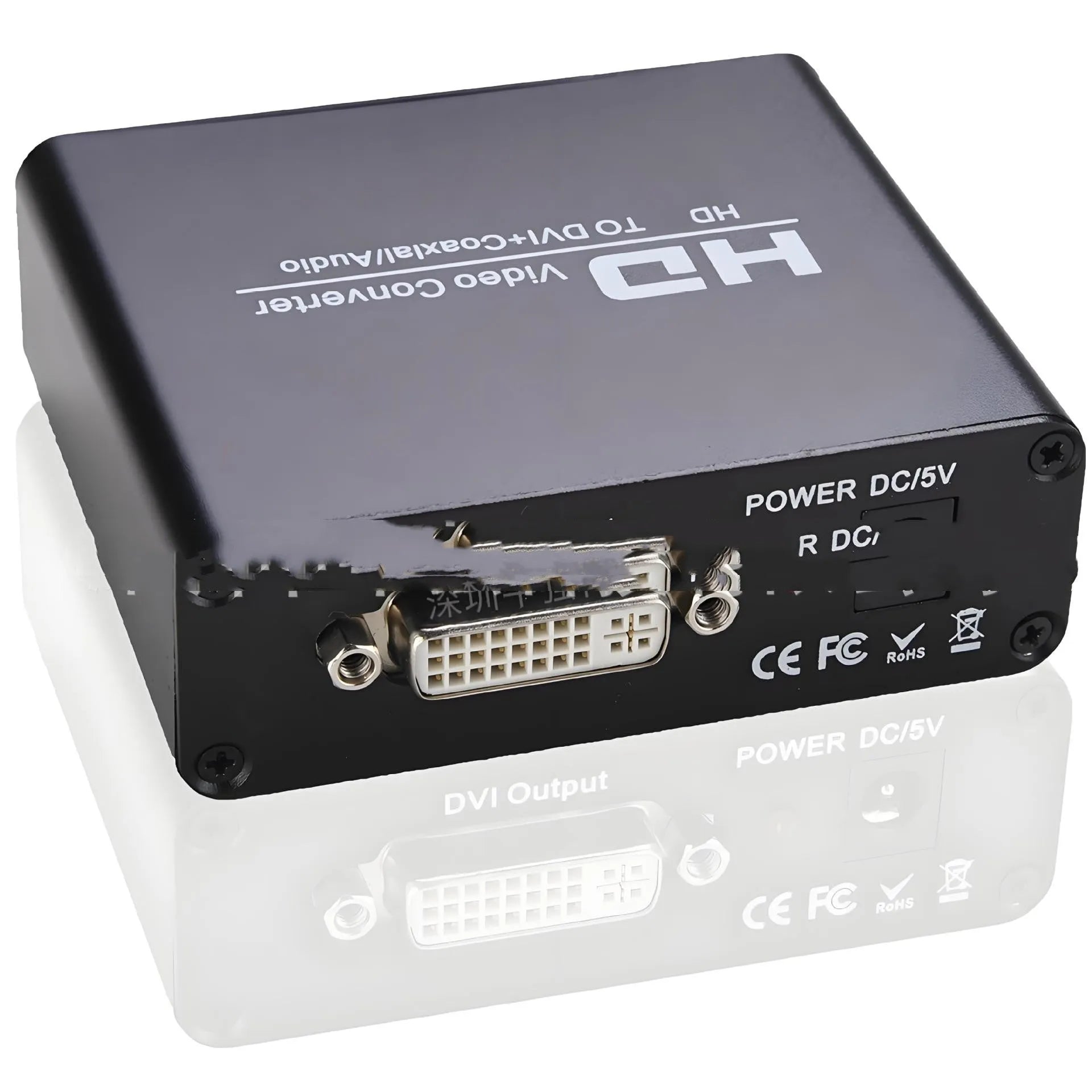 Black HDMI to DVI converter cable with 3.5mm audio output jack, 1.5 metres long.