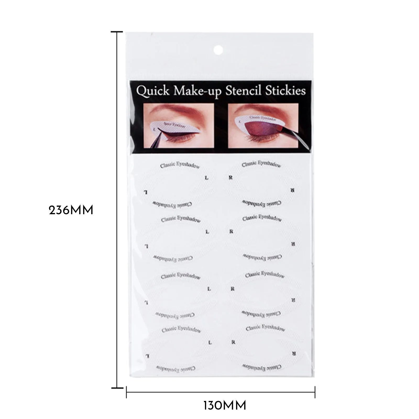 Set of four reusable flexible eyeliner and eyeshadow stencil templates on a pink background.