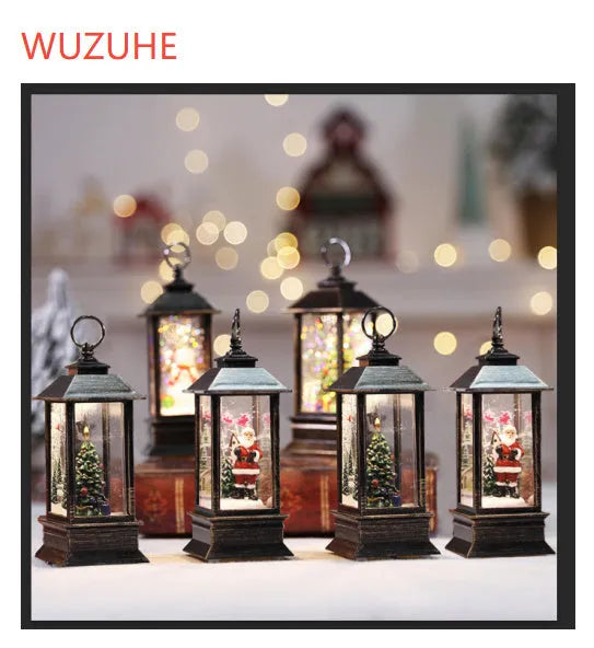 Christmas simulation LED flame small oil lamp with decorative old man figure and tree on a shelf