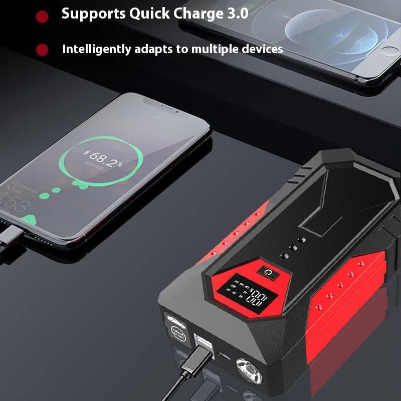 Red 12V car jump starter power bank with battery clamps and 18800mAh capacity