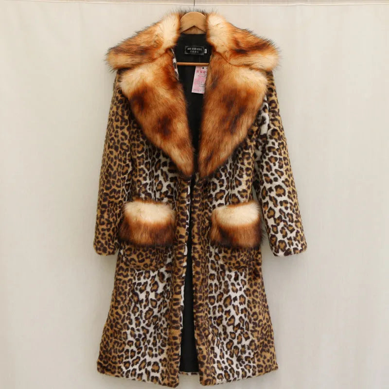 Long leopard print artificial fur jacket for women on a hanger, showing full length and regular sleeves.