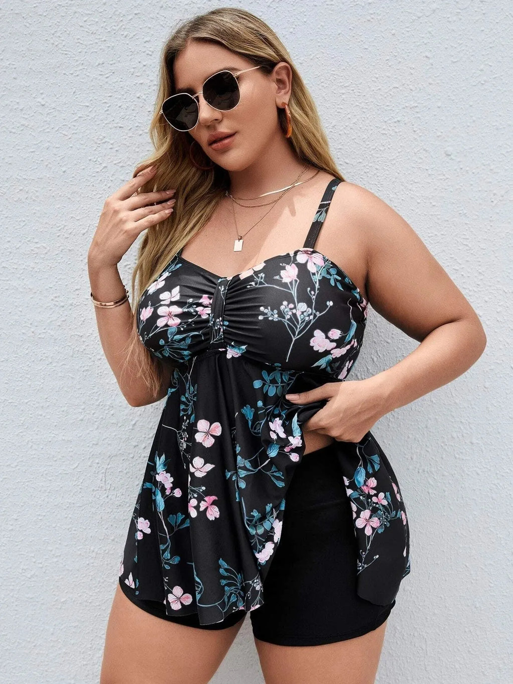 Women's plus size floral print one-piece swimsuit in split colours